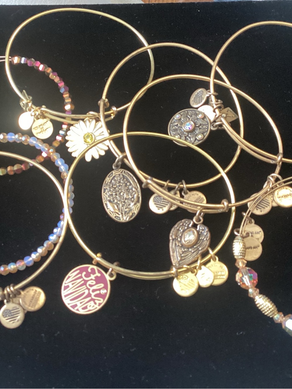 Nine Alex and Ani Gold Charm and Beaded Stackable Bangle Set